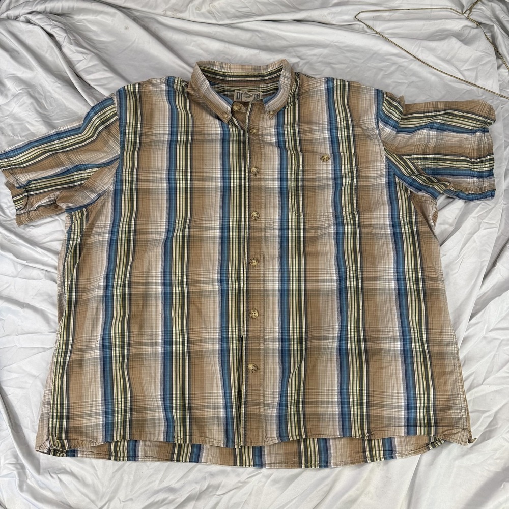 Duluth Trading Co‎ Shirt Mens 2XL Brown Stripe Short Sleeve Button Up Casual